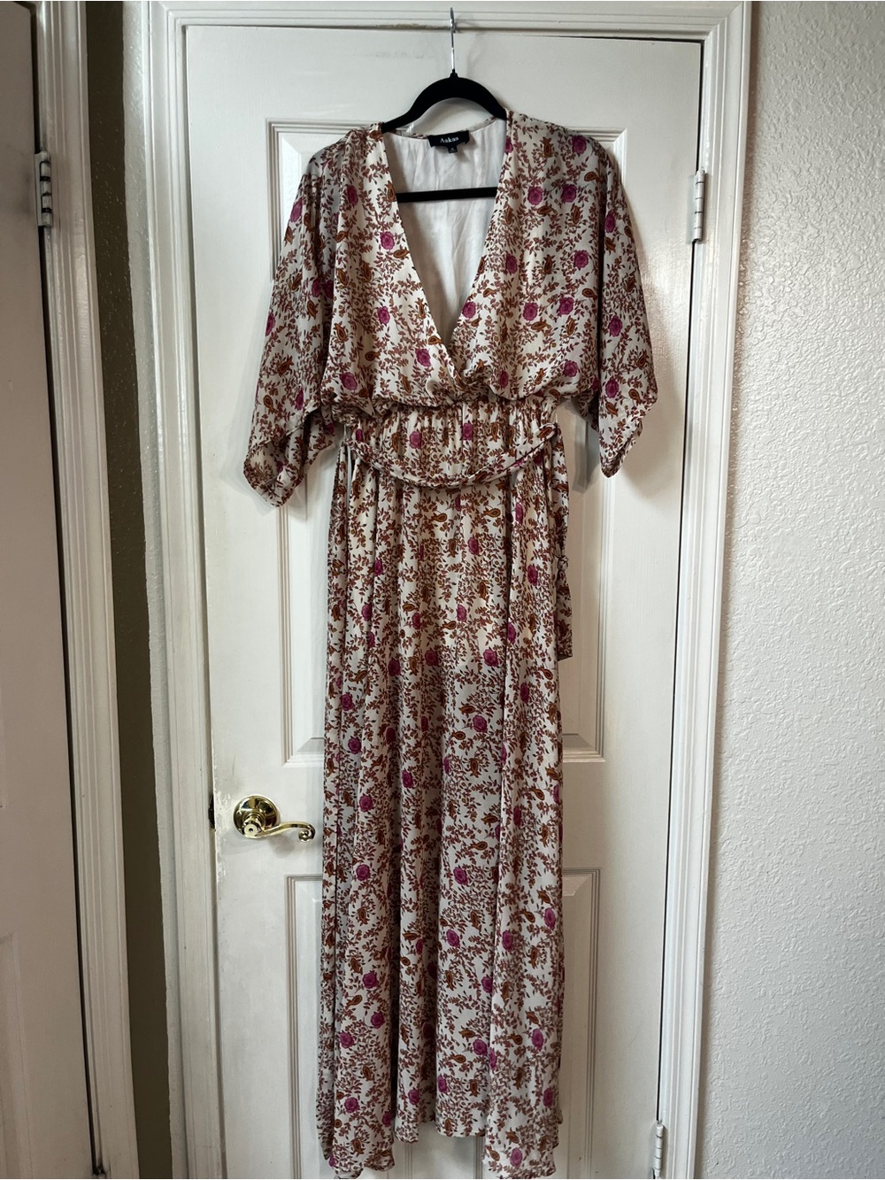 Aakaa Cream Maxi Dress with Pink Floral Print